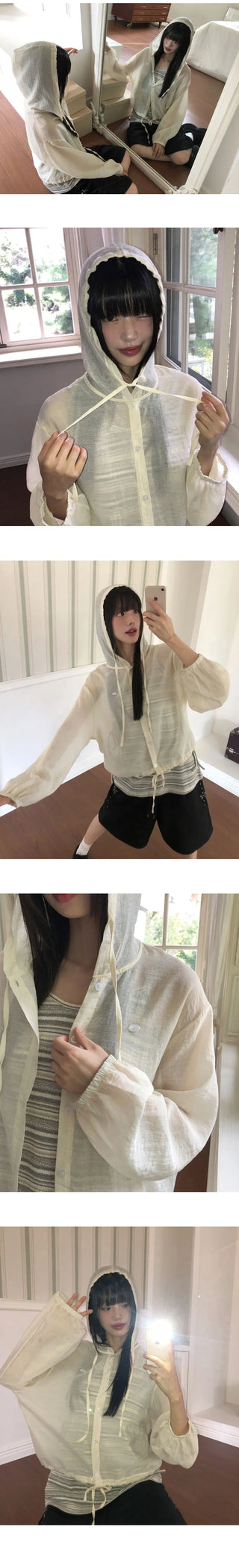 Gali See-Through Strap Hooded Long Sleeve Cardigan