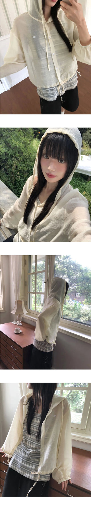 Gali See-Through Strap Hooded Long Sleeve Cardigan