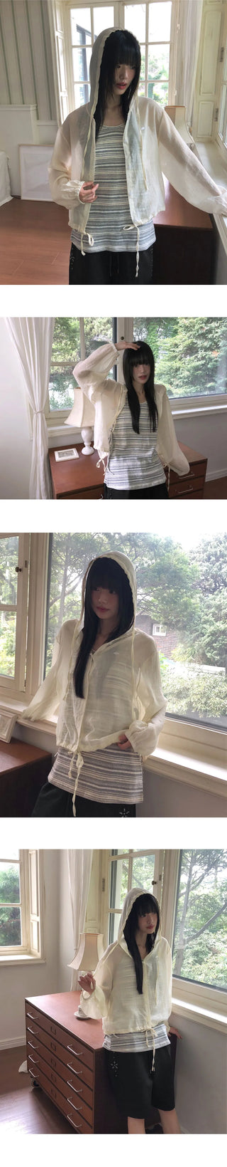 Gali See-Through Strap Hooded Long Sleeve Cardigan