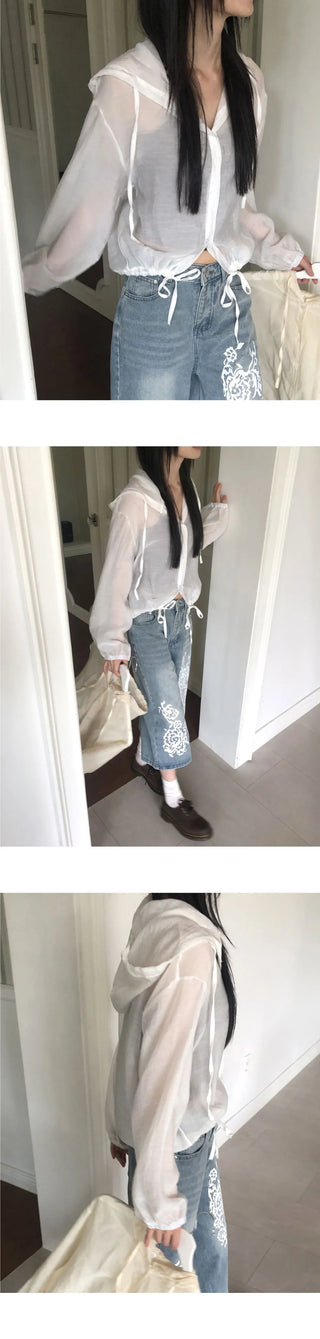 Gali See-Through Strap Hooded Long Sleeve Cardigan