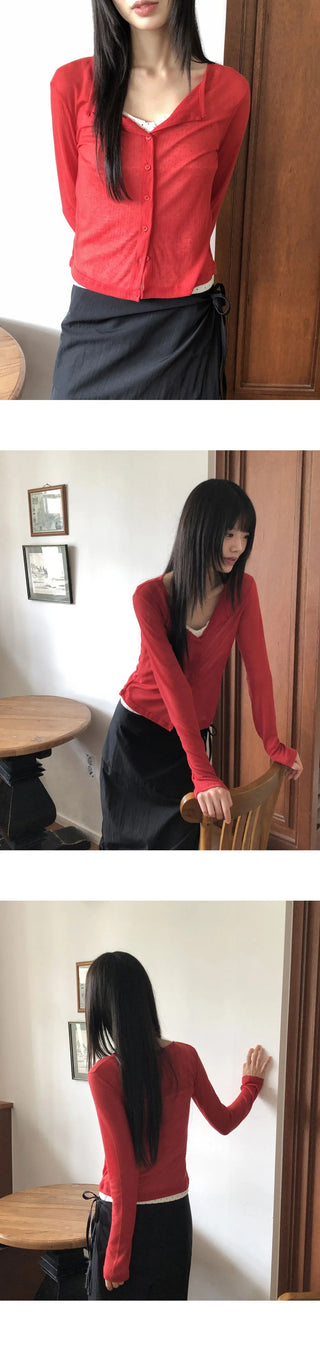 Any see- Ribbed long-sleeved cardigan