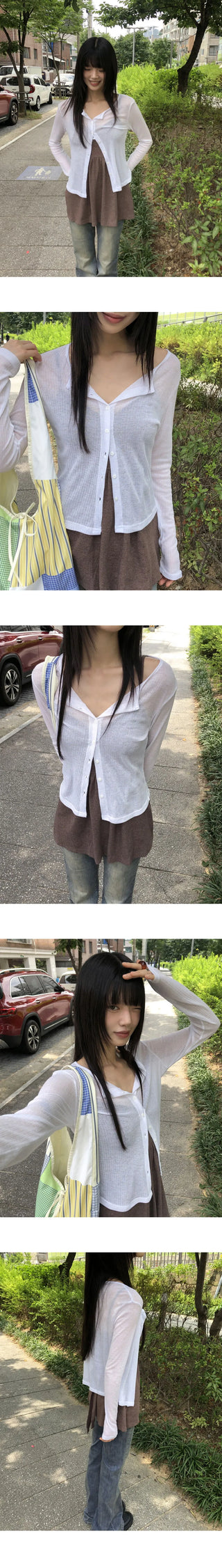 Any see- Ribbed long-sleeved cardigan