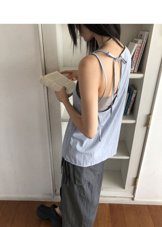 Romu Nylon Uneven Strap Ribbon Sleeveless Blouse
