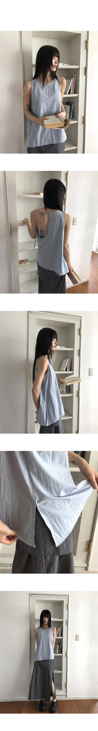 Romu Nylon Uneven Strap Ribbon Sleeveless Blouse