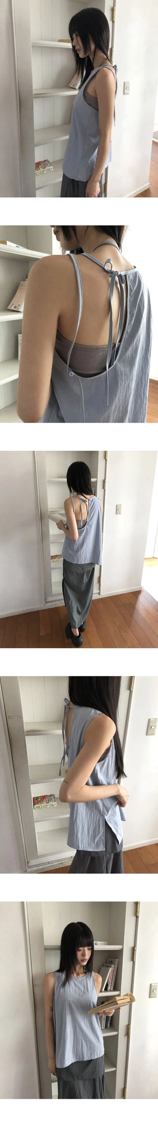 Romu Nylon Uneven Strap Ribbon Sleeveless Blouse