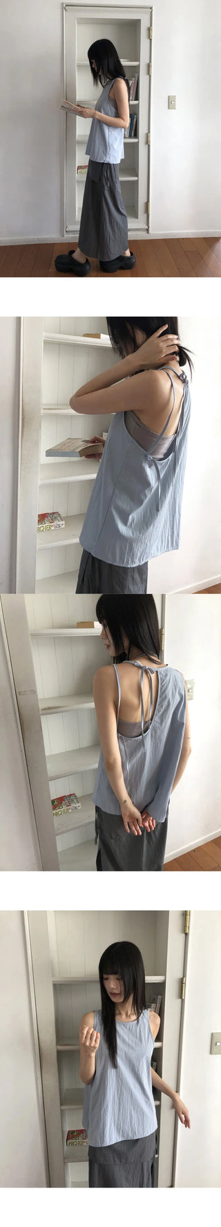 Romu Nylon Uneven Strap Ribbon Sleeveless Blouse