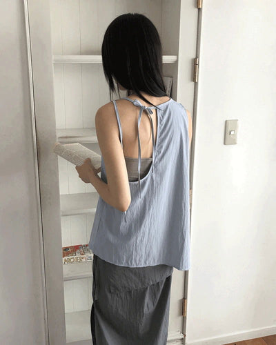 Romu Nylon Uneven Strap Ribbon Sleeveless Blouse