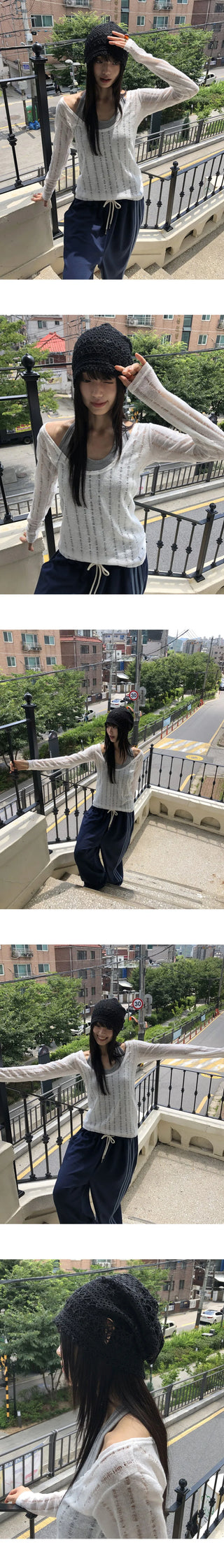 Molty Stripe Punching Mesh See-Through Beanie