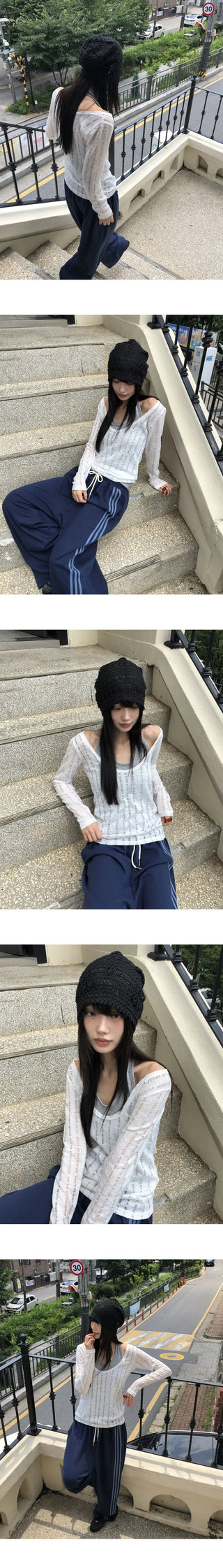 Molty Stripe Punching Mesh See-Through Beanie