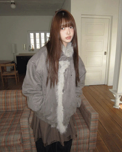 Den High Neck Quilted Fur Suede Shearling Jacket