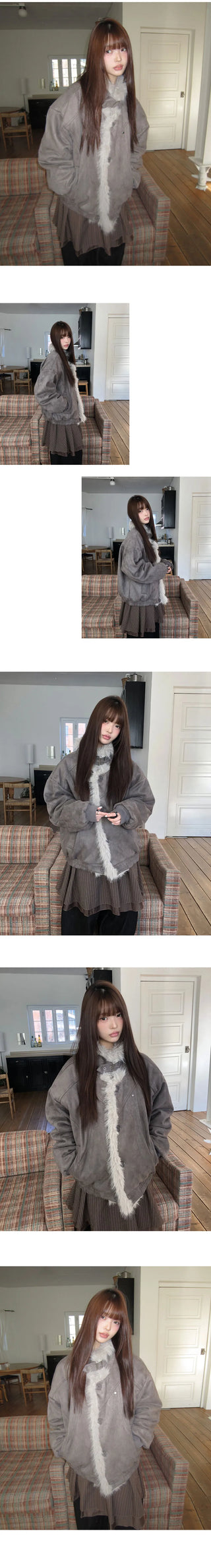 Den High Neck Quilted Fur Suede Shearling Jacket