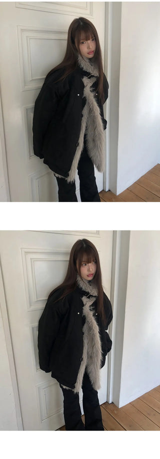 Den High Neck Quilted Fur Suede Shearling Jacket