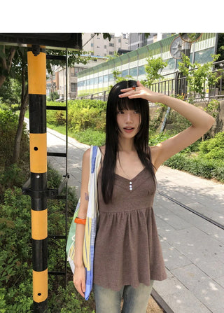 Sella Heart Neck Button Sleeveless Mini Dress