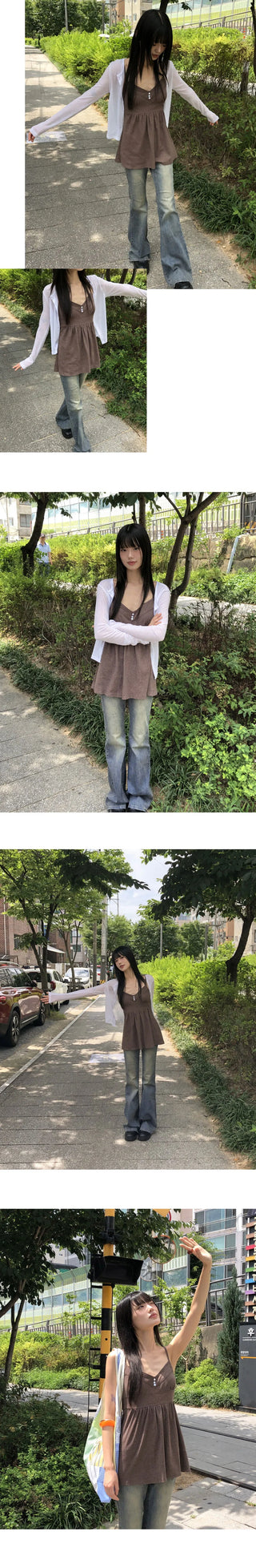 Sella Heart Neck Button Sleeveless Mini Dress