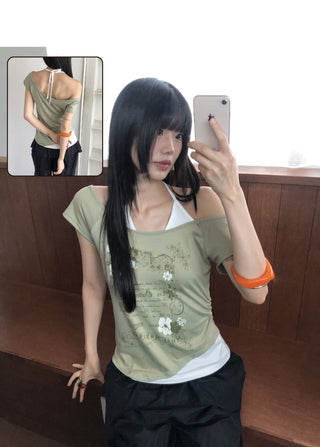 Tepin Flower Lettering Print Color Block Off-Shoulder Halter Neck Short Sleeve T-Shirt