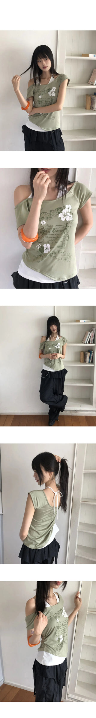 Tepin Flower Lettering Print Color Block Off-Shoulder Halter Neck Short Sleeve T-Shirt