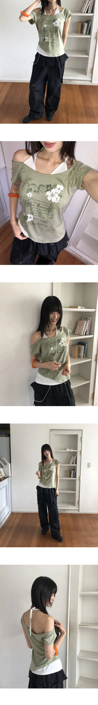 Tepin Flower Lettering Print Color Block Off-Shoulder Halter Neck Short Sleeve T-Shirt