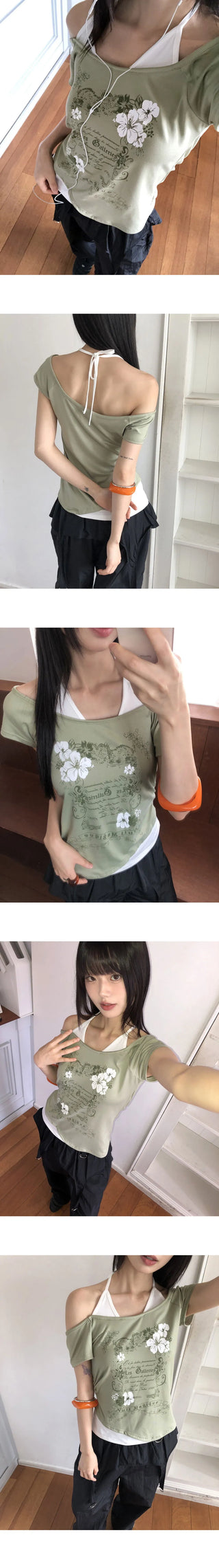Tepin Flower Lettering Print Color Block Off-Shoulder Halter Neck Short Sleeve T-Shirt