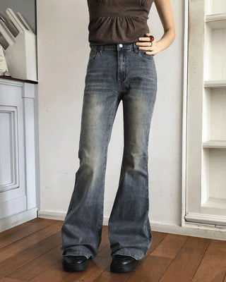 Deepin high-waist hip Flared Faded denim pants
