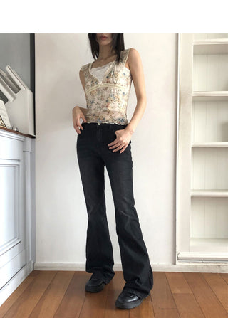 Deepin high-waist hip Flared Faded denim pants