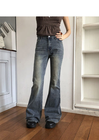 Deepin high-waist hip Flared Faded denim pants