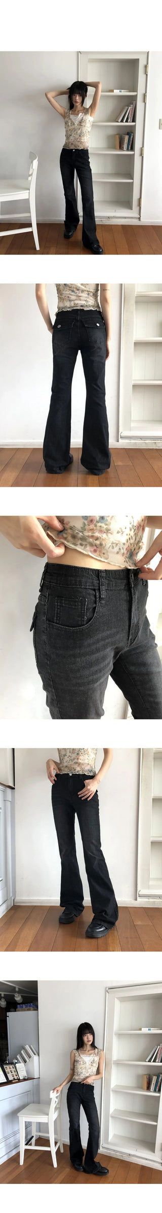 Deepin high-waist hip Flared Faded denim pants