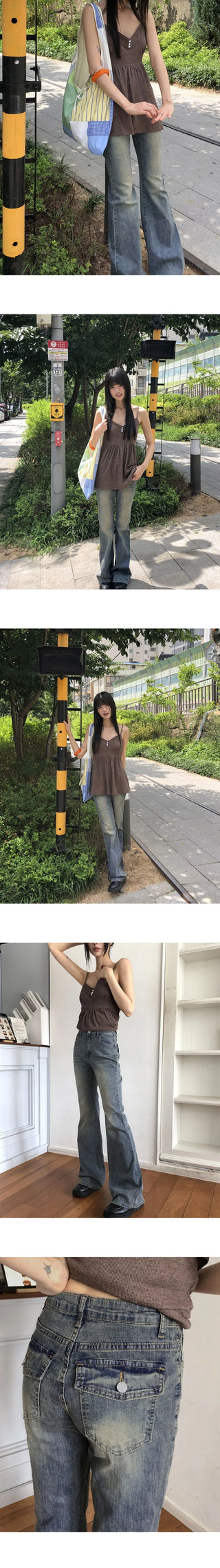 Deepin high-waist hip Flared Faded denim pants