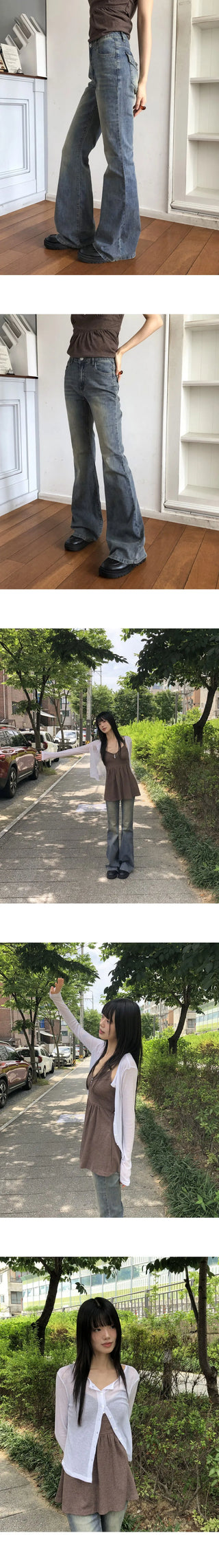 Deepin high-waist hip Flared Faded denim pants