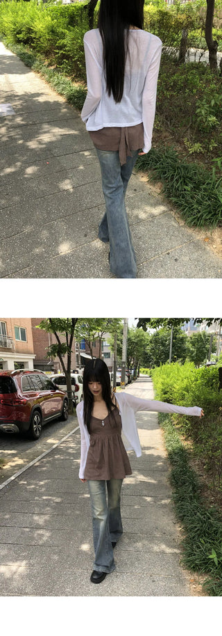 Deepin high-waist hip Flared Faded denim pants