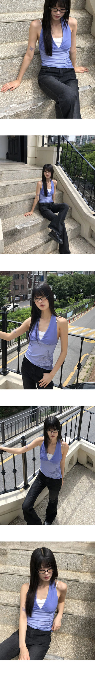 Ruin Flower Print See-Through Halter Neck Sleeveless