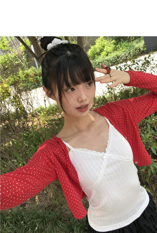 Lining Dot V-Neck See-Through Crop Cardigan