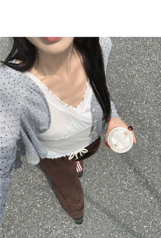 Lining Dot V-Neck See-Through Crop Cardigan