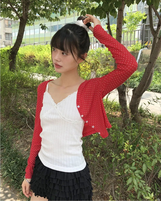 Lining Dot V-Neck See-Through Crop Cardigan