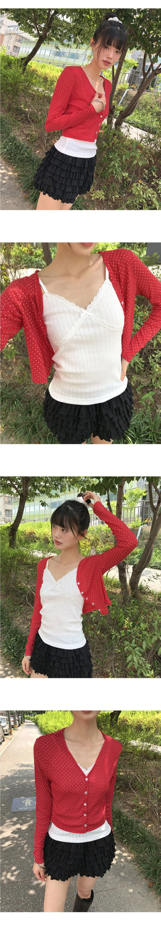 Lining Dot V-Neck See-Through Crop Cardigan