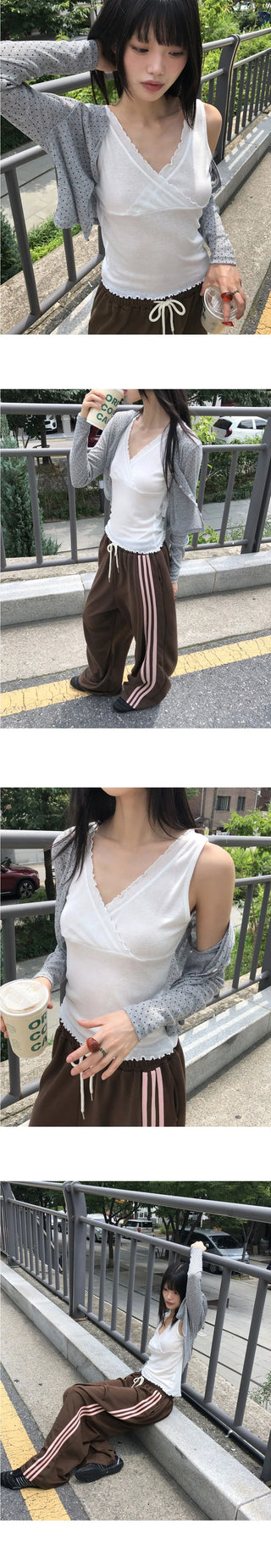 Lining Dot V-Neck See-Through Crop Cardigan