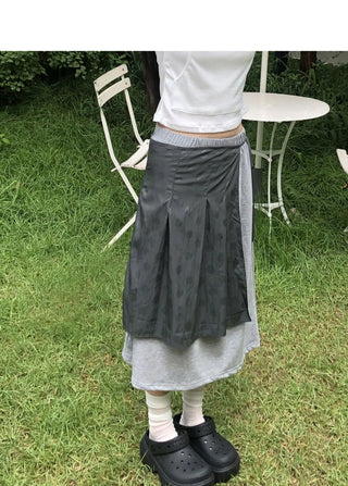 Kiko Dot Nylon Layered Pleated Midi Skirt