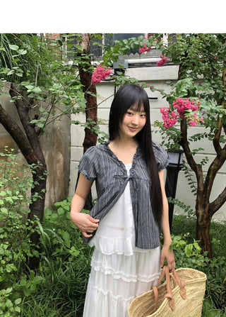 Hichu Stripe Frill Lace Ribbon Short Sleeve Blouse