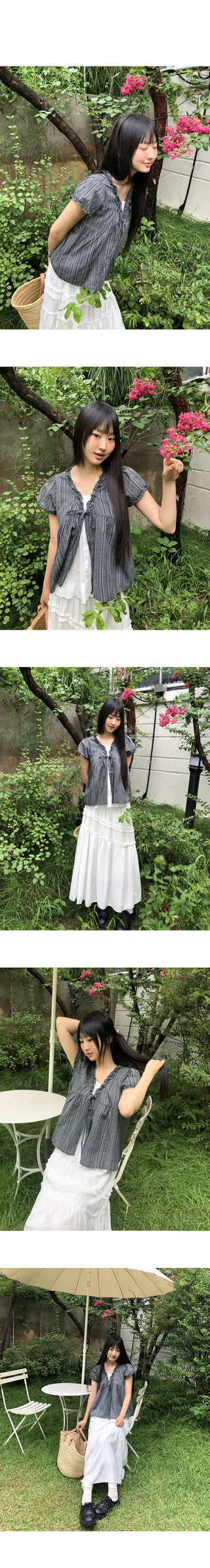 Hichu Stripe Frill Lace Ribbon Short Sleeve Blouse