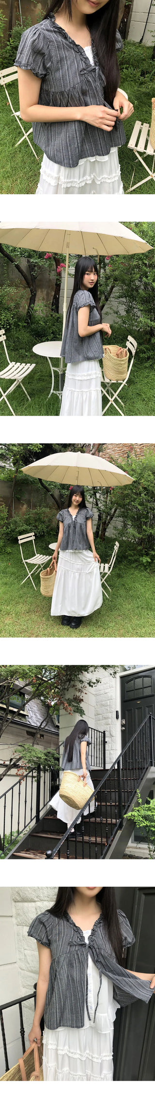Hichu Stripe Frill Lace Ribbon Short Sleeve Blouse