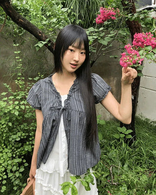 Hichu Stripe Frill Lace Ribbon Short Sleeve Blouse