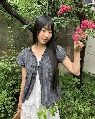 Hichu Stripe Frill Lace Ribbon Short Sleeve Blouse