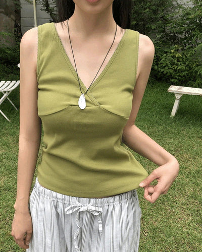 Piyo V-Neck Ribbed Lace Sleeveless