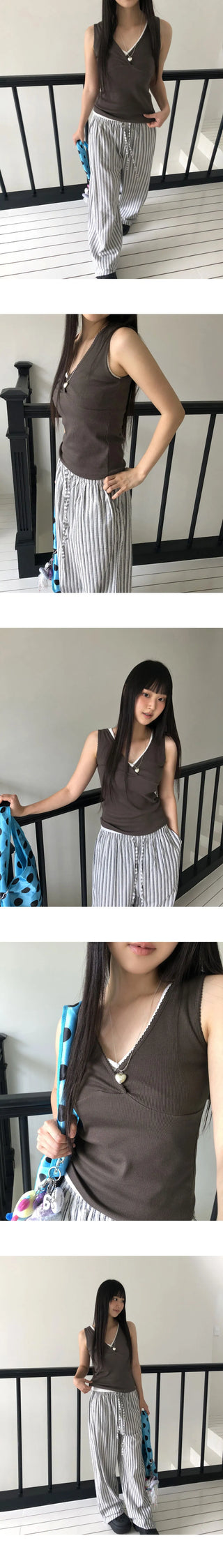 Piyo V-Neck Ribbed Lace Sleeveless
