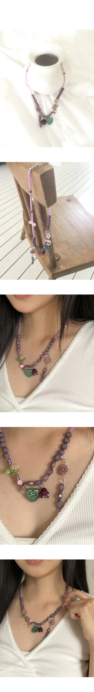Hinning Heart Pendant Flower Bead Necklace