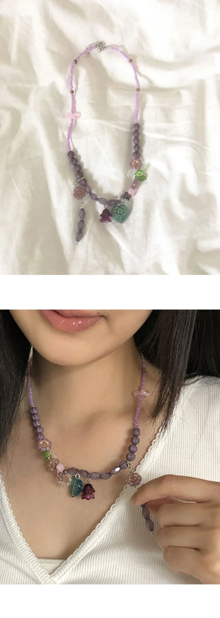 Hinning Heart Pendant Flower Bead Necklace