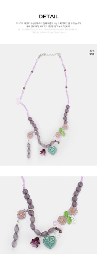 Hinning Heart Pendant Flower Bead Necklace