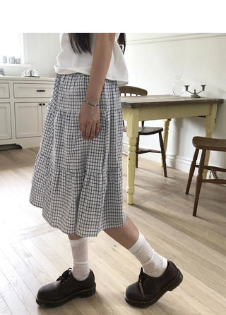 Calming seersucker check cancan banding midi skirt