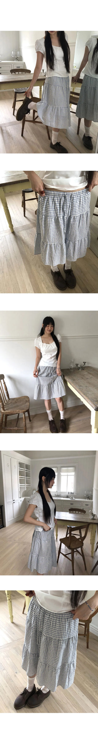 Calming seersucker check cancan banding midi skirt