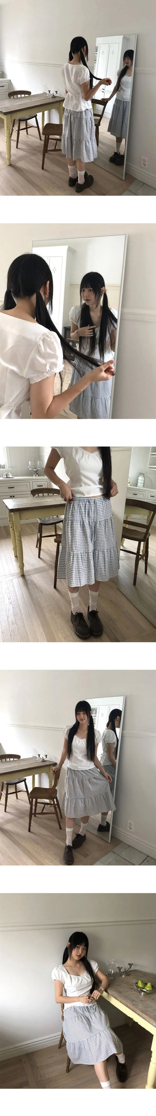 Calming seersucker check cancan banding midi skirt