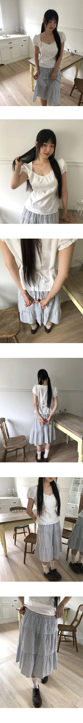 Calming seersucker check cancan banding midi skirt